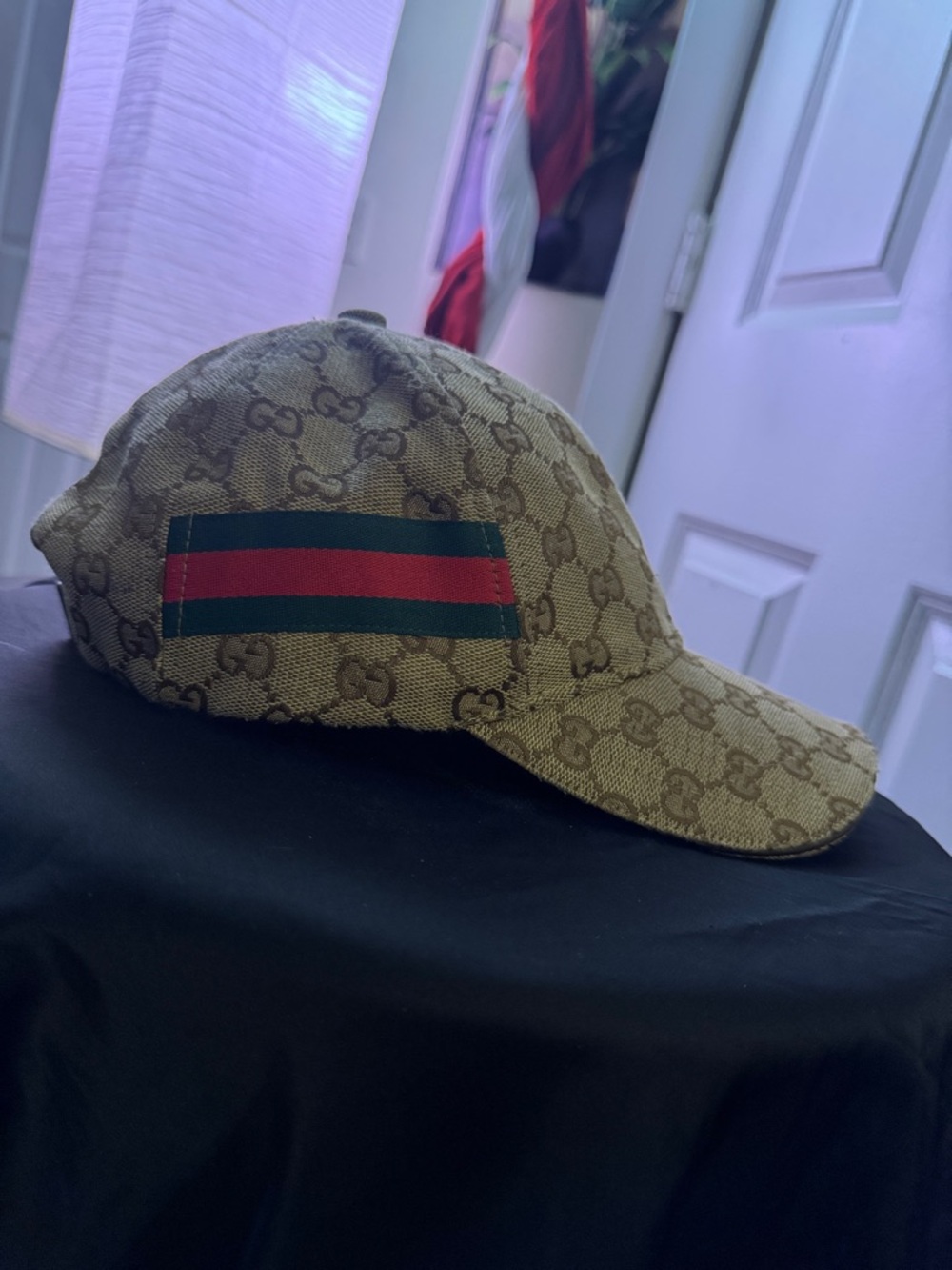 Gucci Beige Monogram Cap with Green and Red Web Stripe